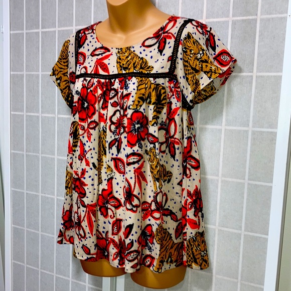 Coreylynncalter ANTHROPOLOGIE Tiger &Tropical Floral Print Summer Tunic Top XS - Picture 3 of 10